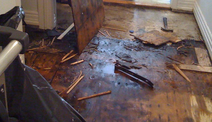 Close-up view of rotted wooden floor