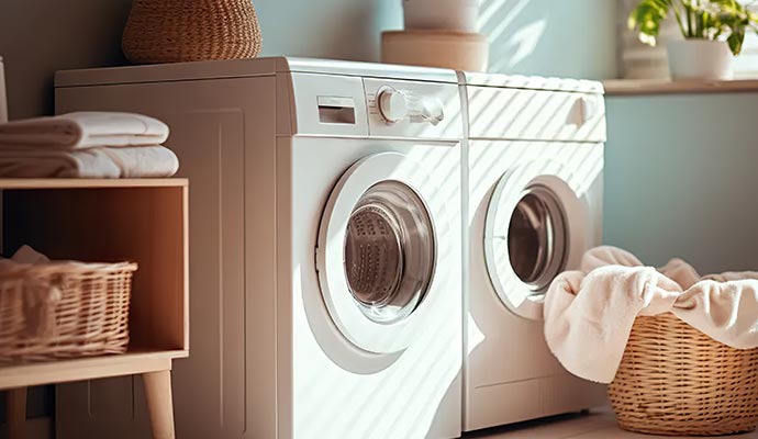 Modern washer dryer setup A clean and organized laundry room with white appliances and wooden storage accents