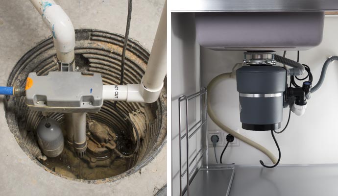 Collage of installed sump pump and garbage disposal Collage of installed sump pump and garbage disposal