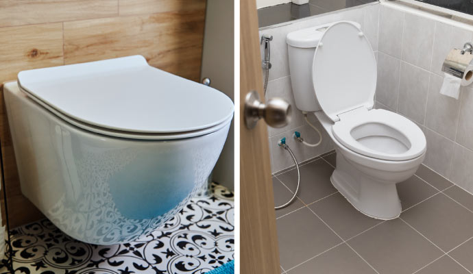 A collage showcasing wall mounted and standard toilets