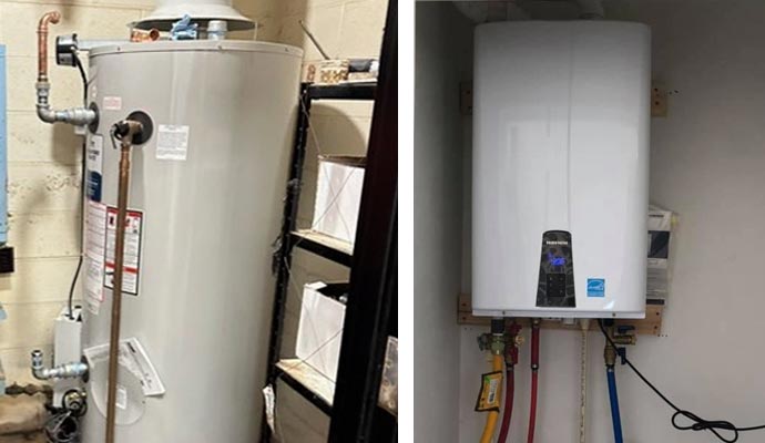 A collage of conventional and tankless water heater