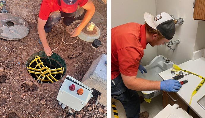 A collage showcasing drain cleaning and toilet installation