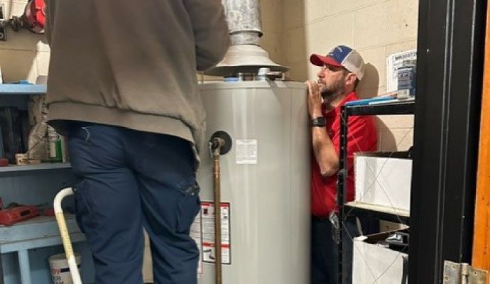 Water heater repairing service Person repairing a water heater with equipment